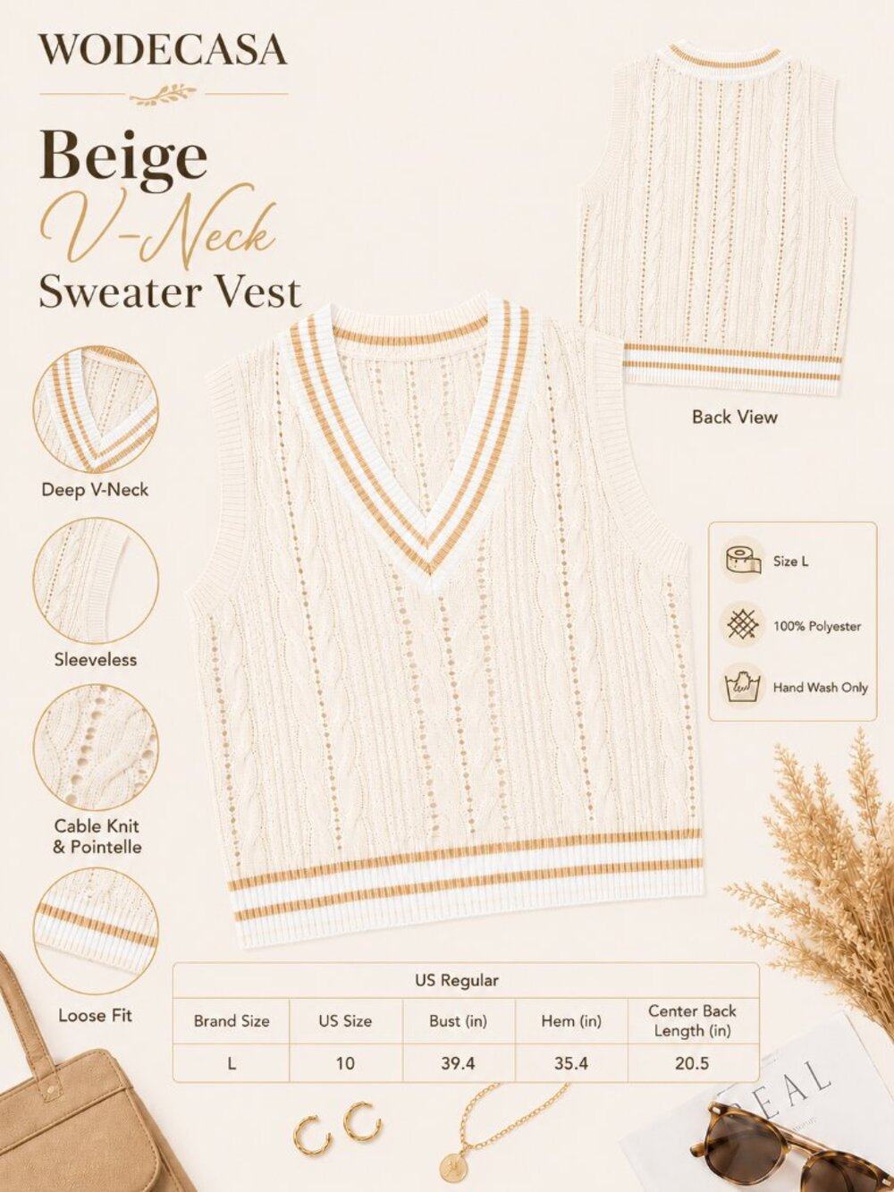 V Neck Colorblock Knit Sweater Vest Beige S